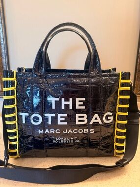 Marc Jacobs Black Patent Tote with Yellow Trim and White Logo
